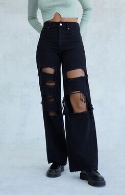 Pacsun Black Distressed Jeans High Waisted Baggy Distressed Flare 23 Eco Cotton